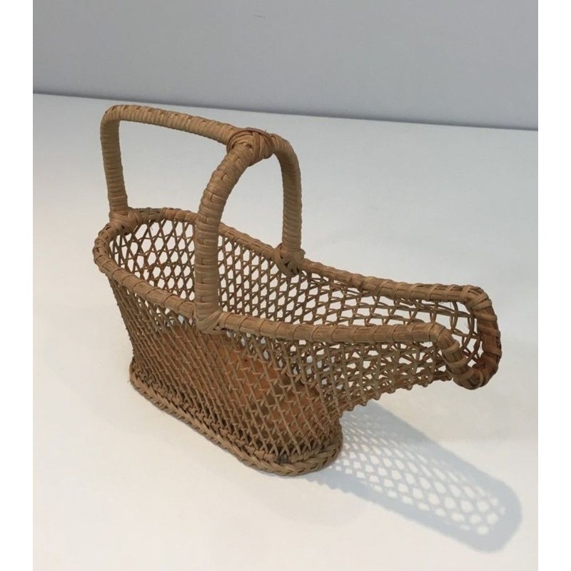 Woven Rattan Wine Bottle Serving Basket — French Work, Circa 1970