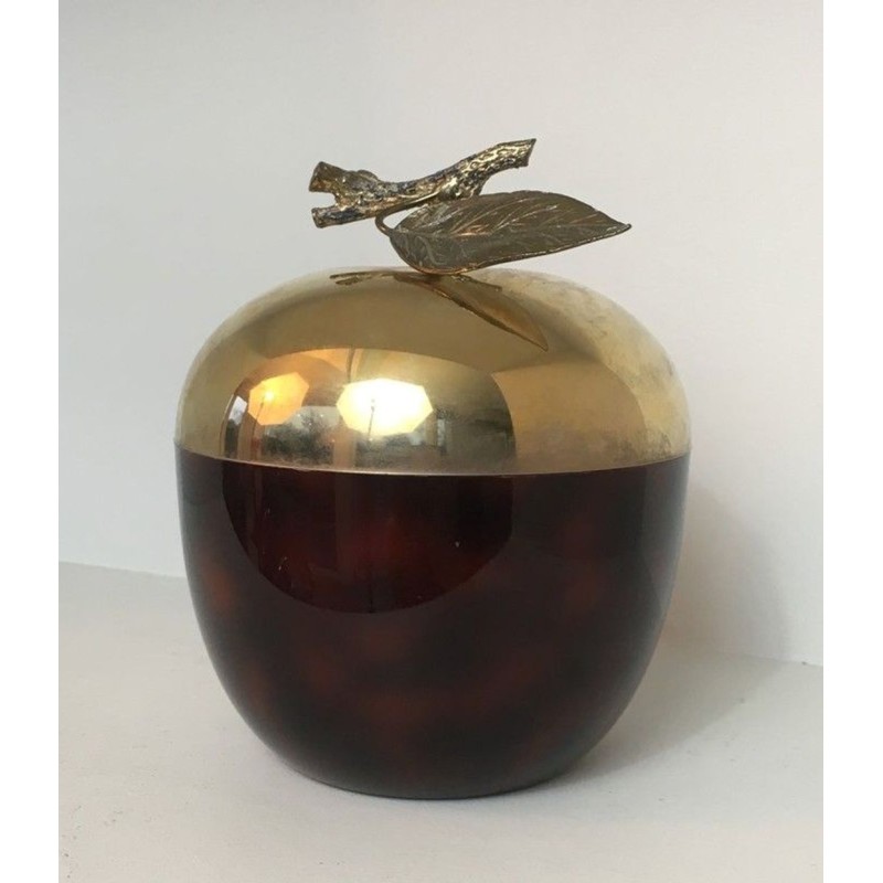 Apple-Shaped Ice Bucket in Red Lucite and Gilt Brass — French Work, Circa 1970