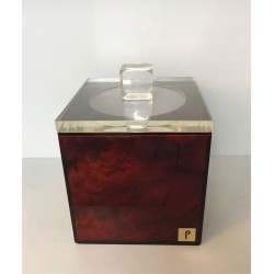 Square Ice Bucket in Tortoiseshell-Effect Red Lucite — Signed, French Work, Circa 1970
