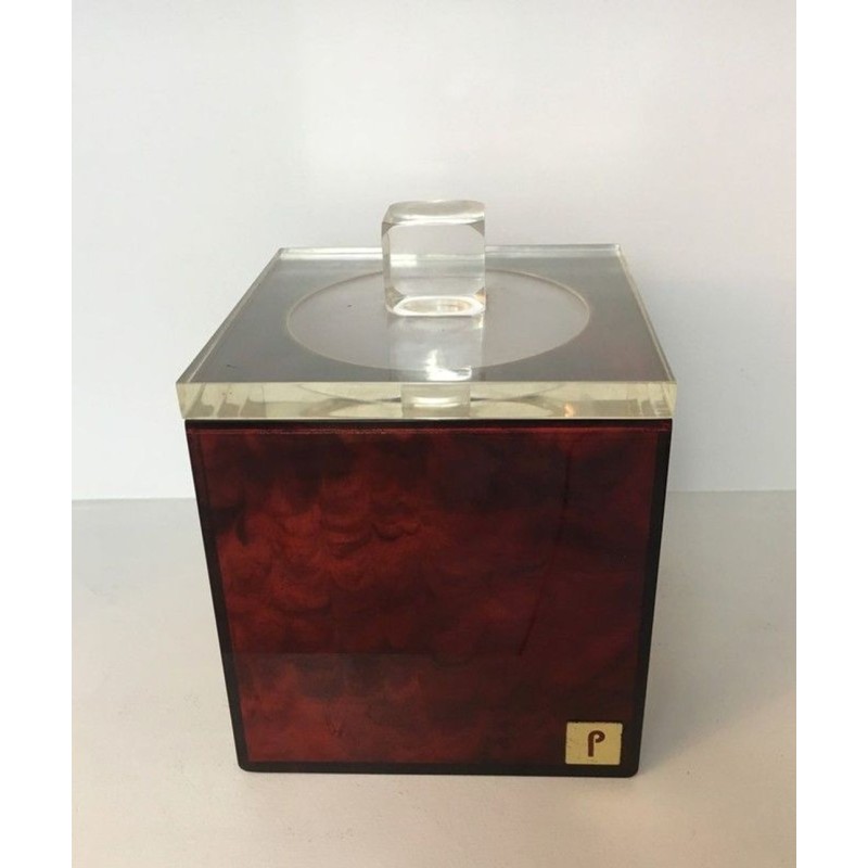 Square Ice Bucket in Tortoiseshell-Effect Red Lucite — Signed, French Work, Circa 1970