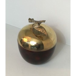 Apple-Shaped Ice Bucket in Red Lucite and Gilt Brass — French Work, Circa 1970