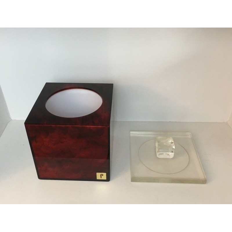 Square Ice Bucket in Tortoiseshell-Effect Red Lucite — Signed, French Work, Circa 1970