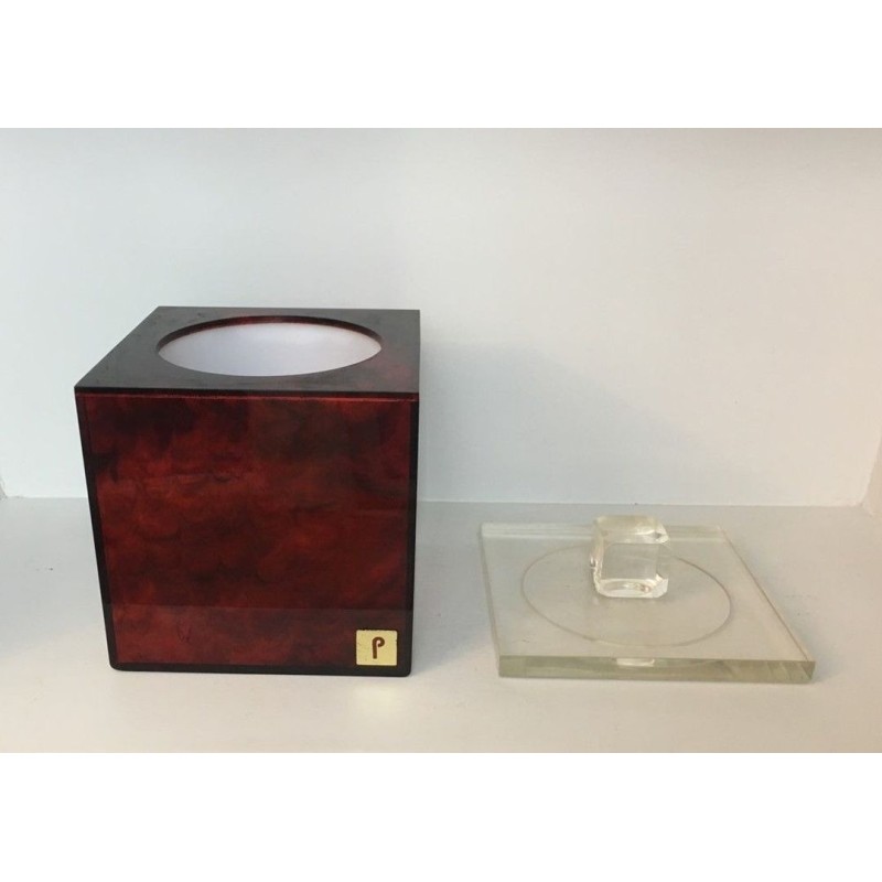 Square Ice Bucket in Tortoiseshell-Effect Red Lucite — Signed, French Work, Circa 1970