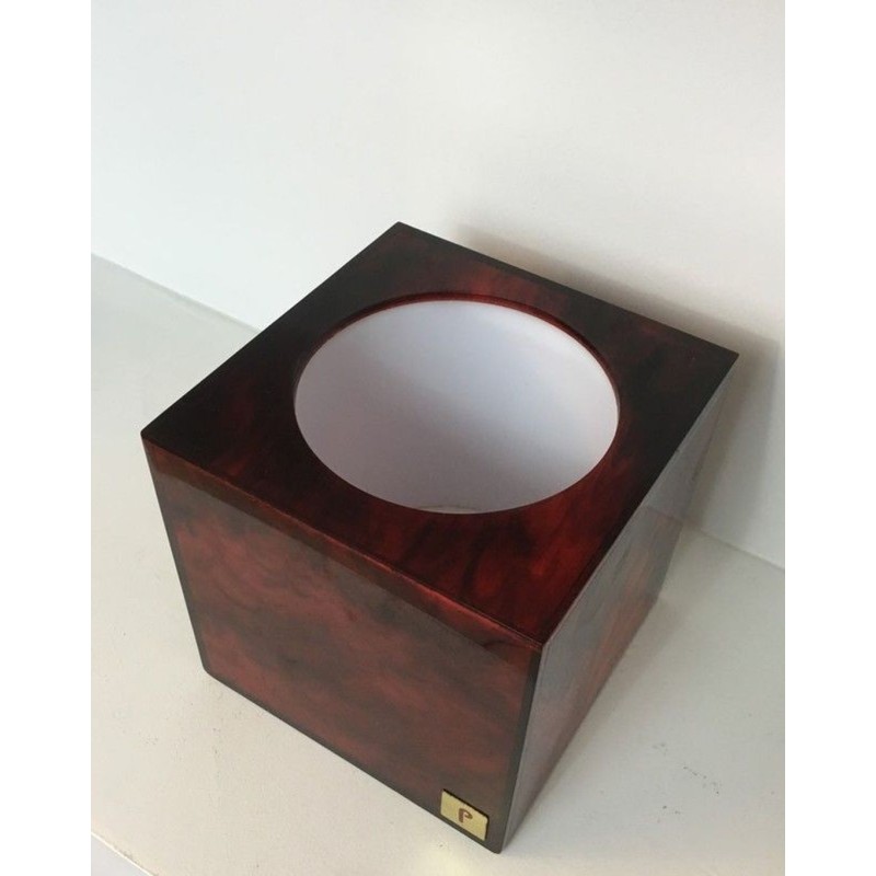 Square Ice Bucket in Tortoiseshell-Effect Red Lucite — Signed, French Work, Circa 1970