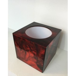 Square Ice Bucket in Tortoiseshell-Effect Red Lucite — Signed, French Work, Circa 1970
