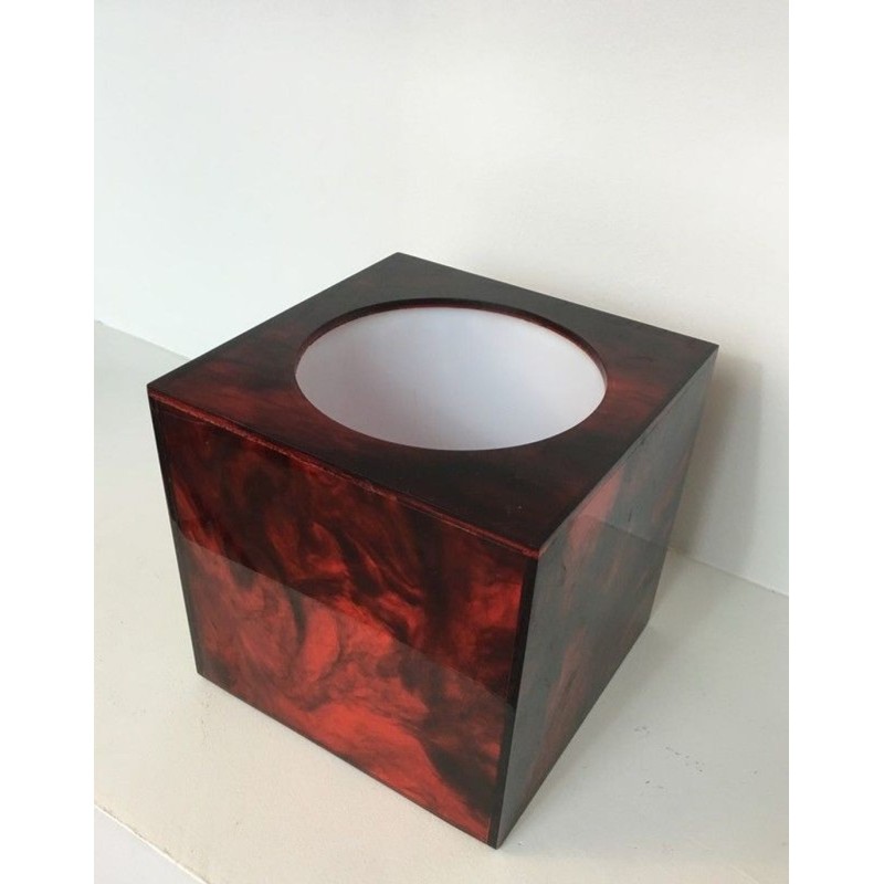 Square Ice Bucket in Tortoiseshell-Effect Red Lucite — Signed, French Work, Circa 1970