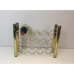 Design Brass Wine Bottle Rack with Sinusoidal Wire Cradles — French Work, Circa 1970