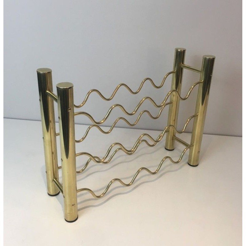 Design Brass Wine Bottle Rack with Sinusoidal Wire Cradles — French Work, Circa 1970