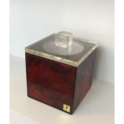 Square Ice Bucket in Tortoiseshell-Effect Red Lucite — Signed, French Work, Circa 1970