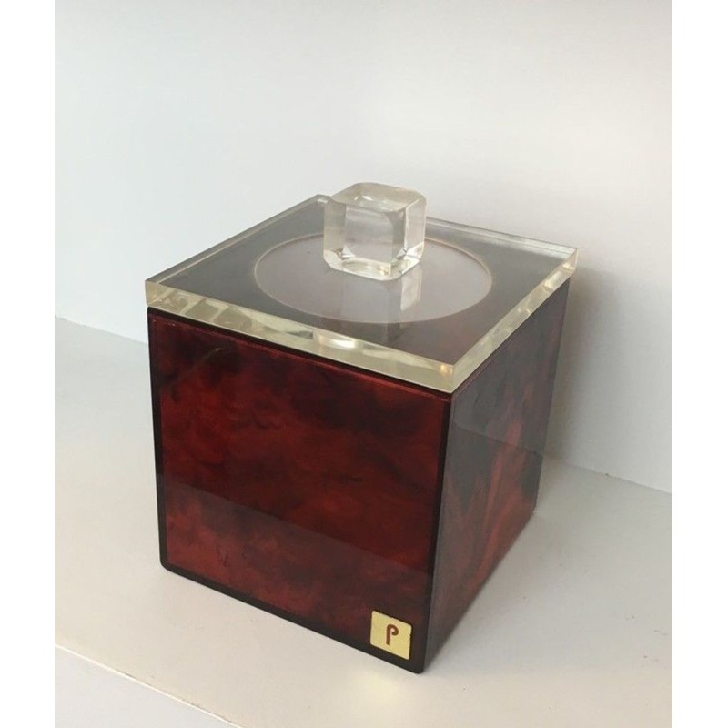 Square Ice Bucket in Tortoiseshell-Effect Red Lucite — Signed, French Work, Circa 1970