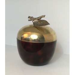 Apple-Shaped Ice Bucket in Red Lucite and Gilt Brass — French Work, Circa 1970