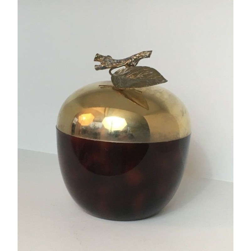 Apple-Shaped Ice Bucket in Red Lucite and Gilt Brass — French Work, Circa 1970