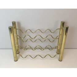Design Brass Wine Bottle Rack with Sinusoidal Wire Cradles — French Work, Circa 1970