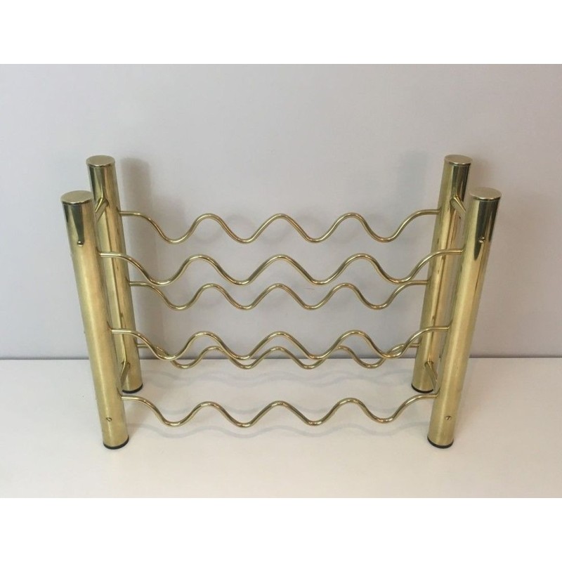 Design Brass Wine Bottle Rack with Sinusoidal Wire Cradles — French Work, Circa 1970
