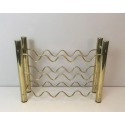 Design Brass Wine Bottle Rack with Sinusoidal Wire Cradles — French Work, Circa 1970