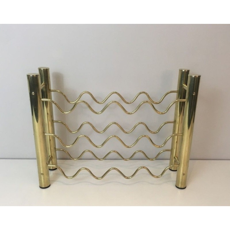 Design Brass Wine Bottle Rack with Sinusoidal Wire Cradles — French Work, Circa 1970