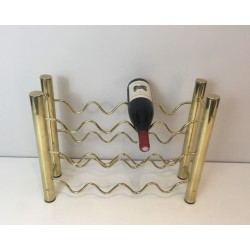 Design Brass Wine Bottle Rack with Sinusoidal Wire Cradles — French Work, Circa 1970