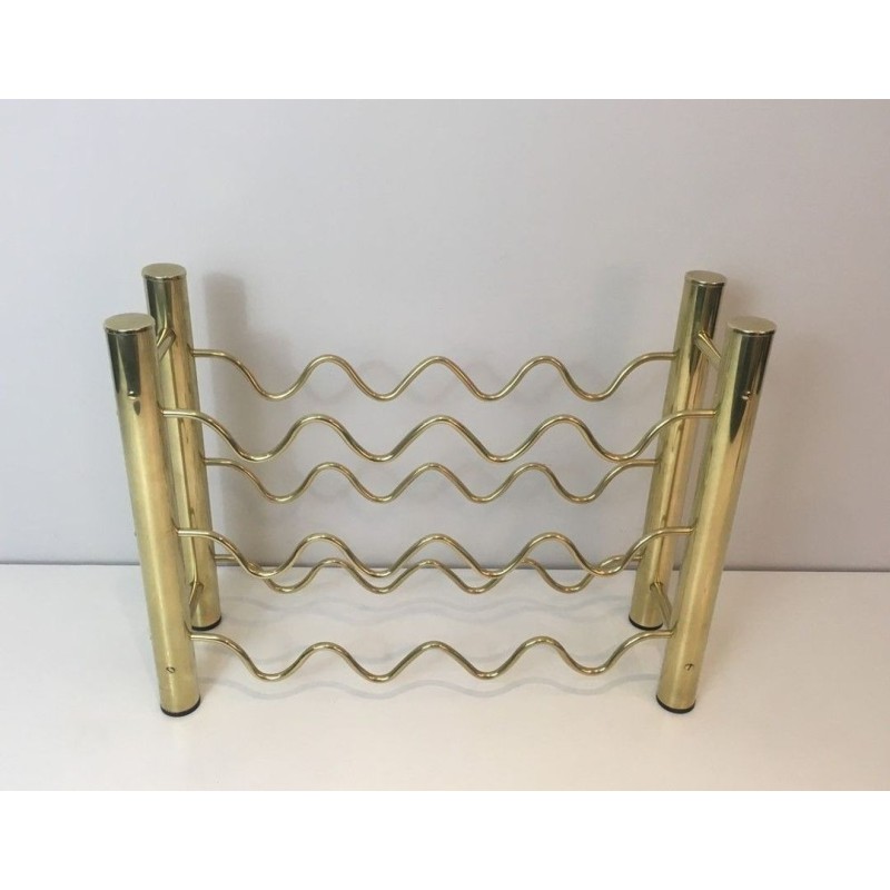 Design Brass Wine Bottle Rack with Sinusoidal Wire Cradles — French Work, Circa 1970