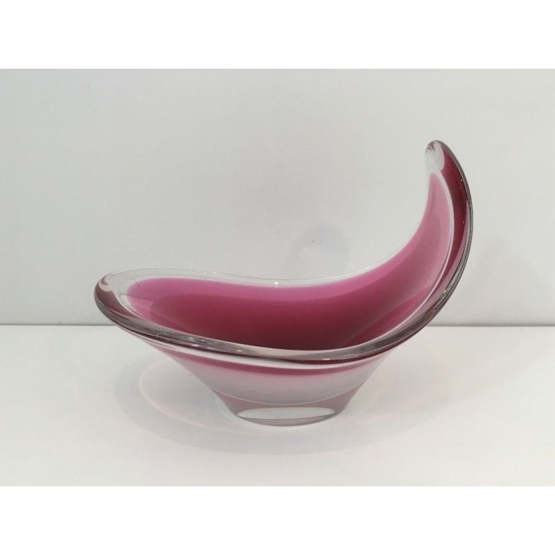 Free-Form Cased Crystal Bowl in Deep Raspberry Pink — Signed, Scandinavian Work, Circa 1970