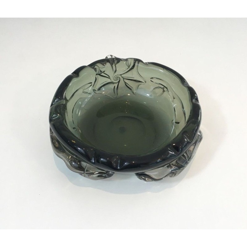Large Dark Green Crystal Ashtray with Sculpted Shark Reliefs — Circa 1970