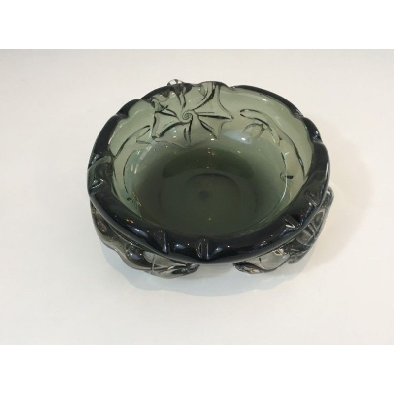 Large Dark Green Crystal Ashtray with Sculpted Shark Reliefs — Circa 1970