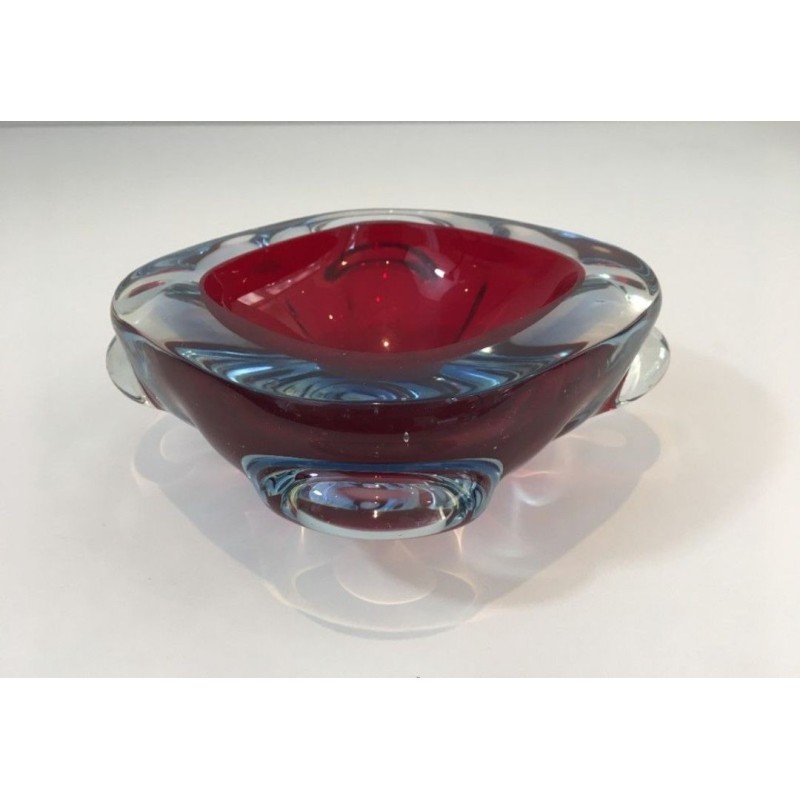 Cendrier en Cristal Bicolore Rouge Rubis et Bleu Glacé — Vers 1970