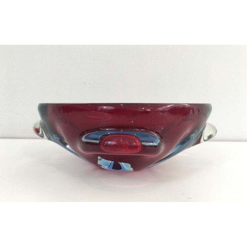 Cendrier en Cristal Bicolore Rouge Rubis et Bleu Glacé — Vers 1970