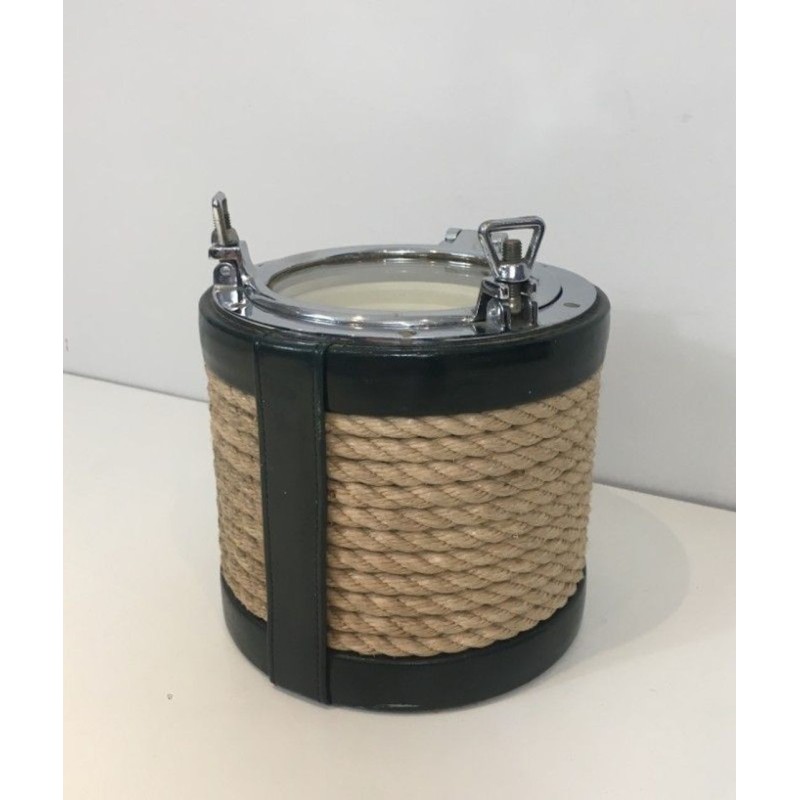 Ice Bucket in Rope, Leather and Chrome — In the Style of Jacques Adnet, Circa 1950