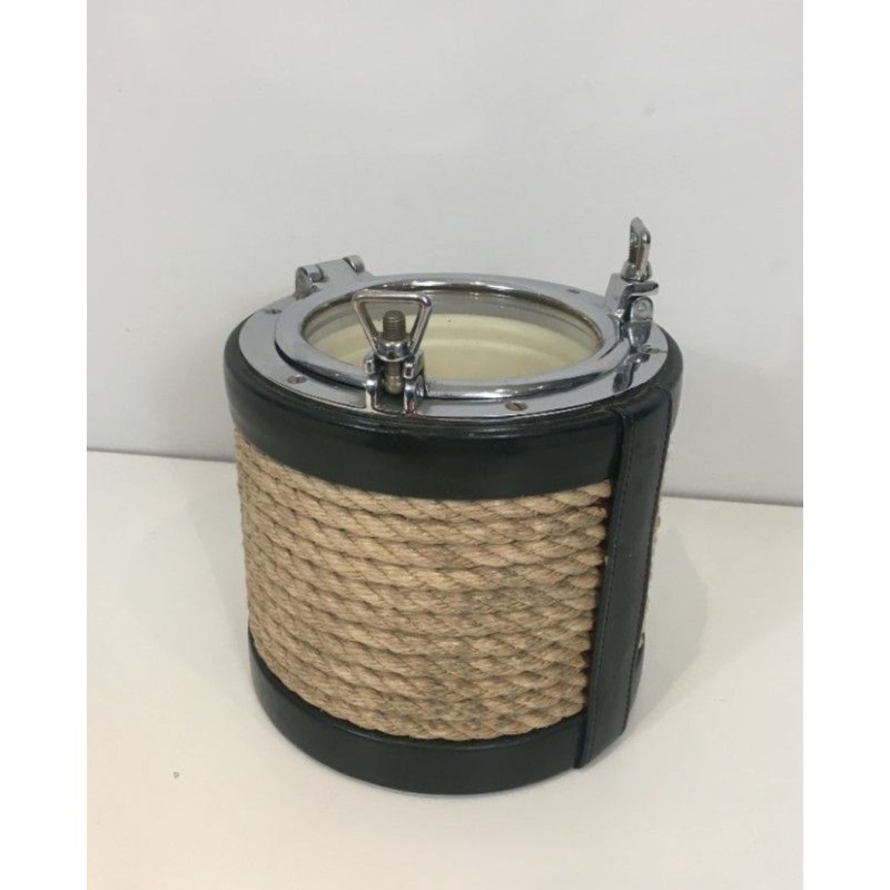 Ice Bucket in Rope, Leather and Chrome — In the Style of Jacques Adnet, Circa 1950