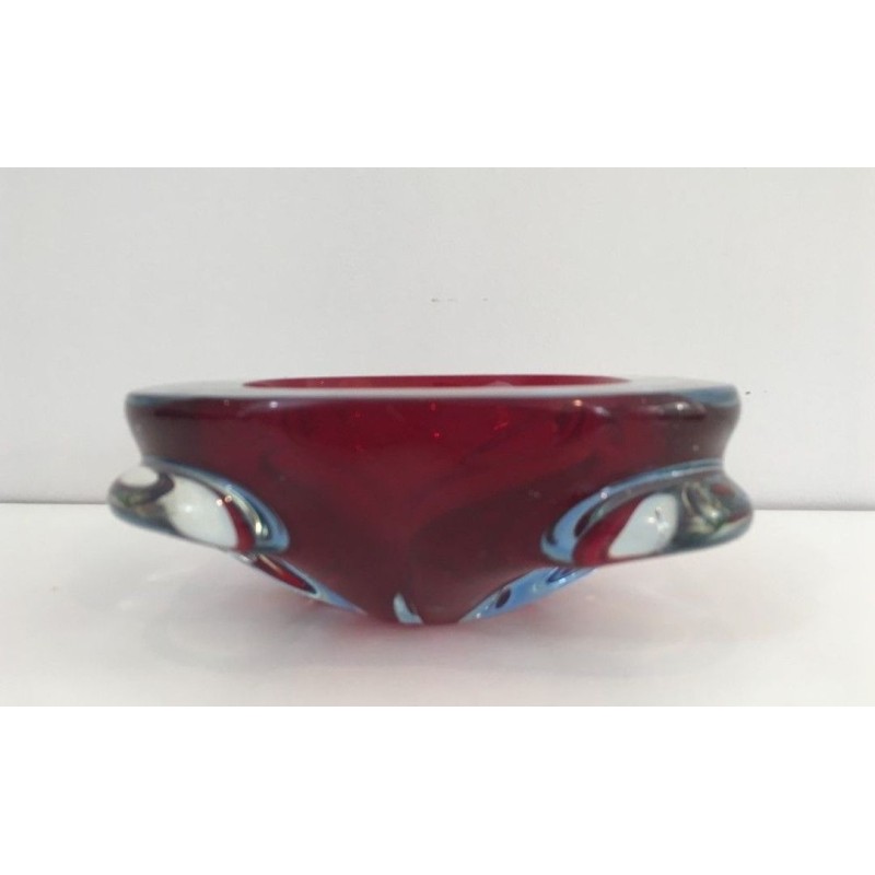 Cendrier en Cristal Bicolore Rouge Rubis et Bleu Glacé — Vers 1970