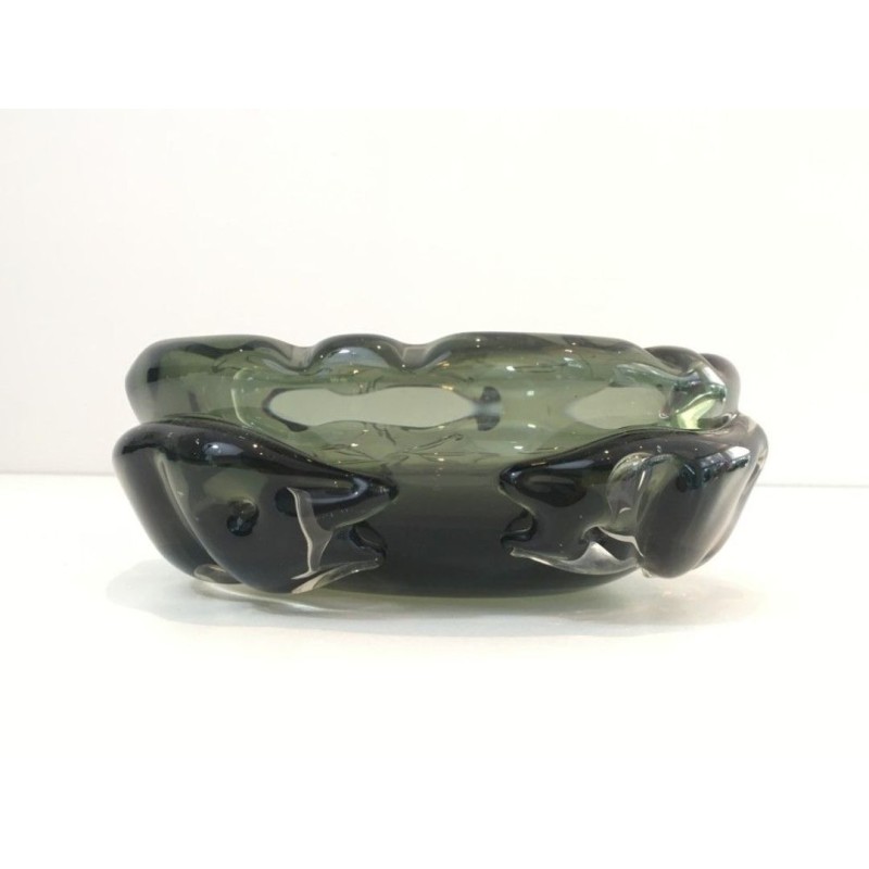 Large Dark Green Crystal Ashtray with Sculpted Shark Reliefs — Circa 1970