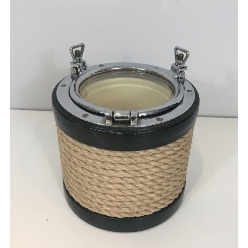 Ice Bucket in Rope, Leather and Chrome — In the Style of Jacques Adnet, Circa 1950
