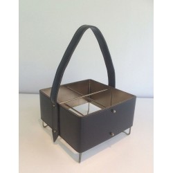 Four-Bottle Carrier in Leather and Gilt Metal with Brass Feet — French Work, Circa 1950