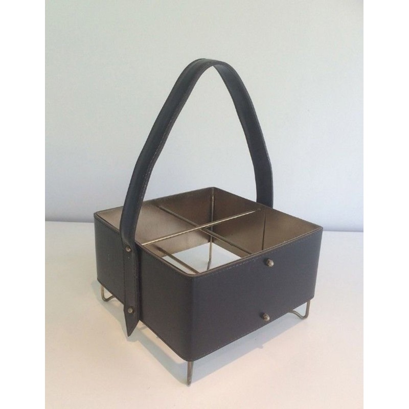 Porte-Bouteilles en Cuir, Laiton et Métal Doré