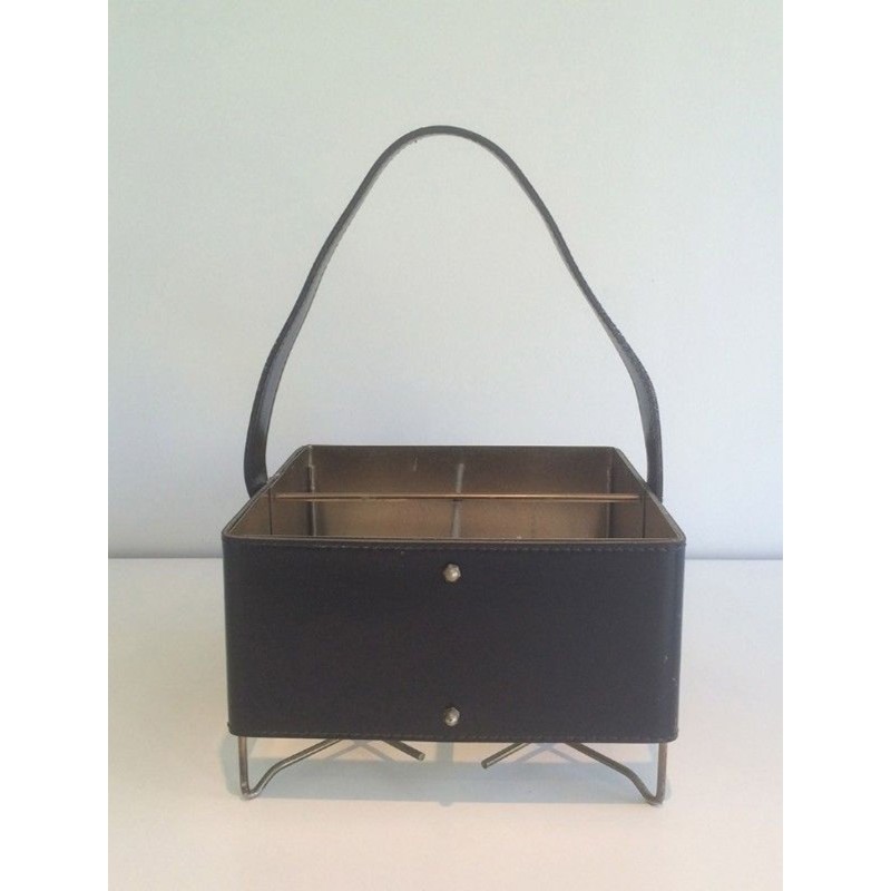 Four-Bottle Carrier in Leather and Gilt Metal with Brass Feet — French Work, Circa 1950