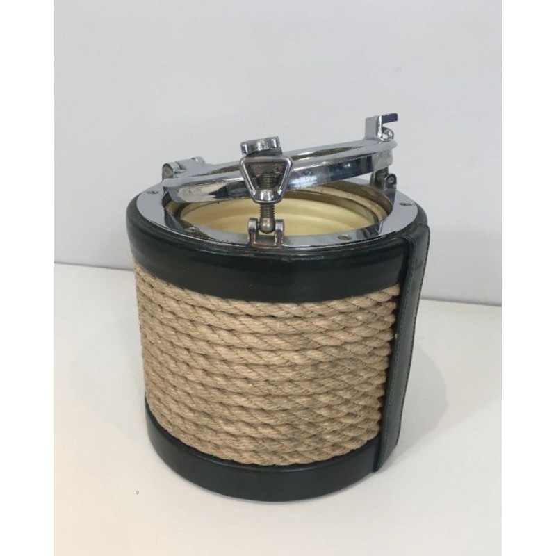 Ice Bucket in Rope, Leather and Chrome — In the Style of Jacques Adnet, Circa 1950