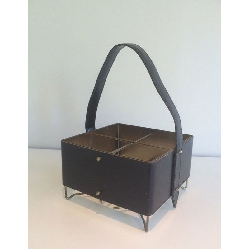 Four-Bottle Carrier in Leather and Gilt Metal with Brass Feet — French Work, Circa 1950