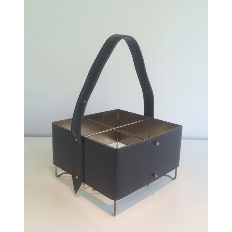 Four-Bottle Carrier in Leather and Gilt Metal with Brass Feet — French Work, Circa 1950