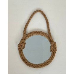 Round Rope Wall Mirror with Hanging Loop — In the Style of Audoux-Minet, Circa 1970
