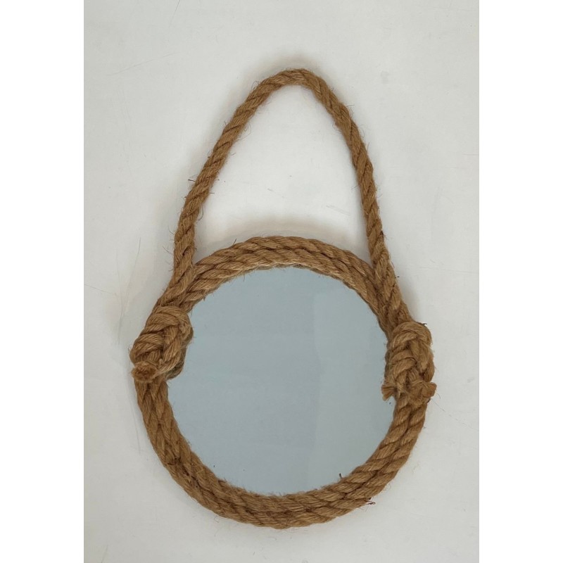 Round Rope Wall Mirror with Hanging Loop — In the Style of Audoux-Minet, Circa 1970