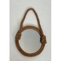 Round Rope Wall Mirror with Hanging Loop — In the Style of Audoux-Minet, Circa 1970