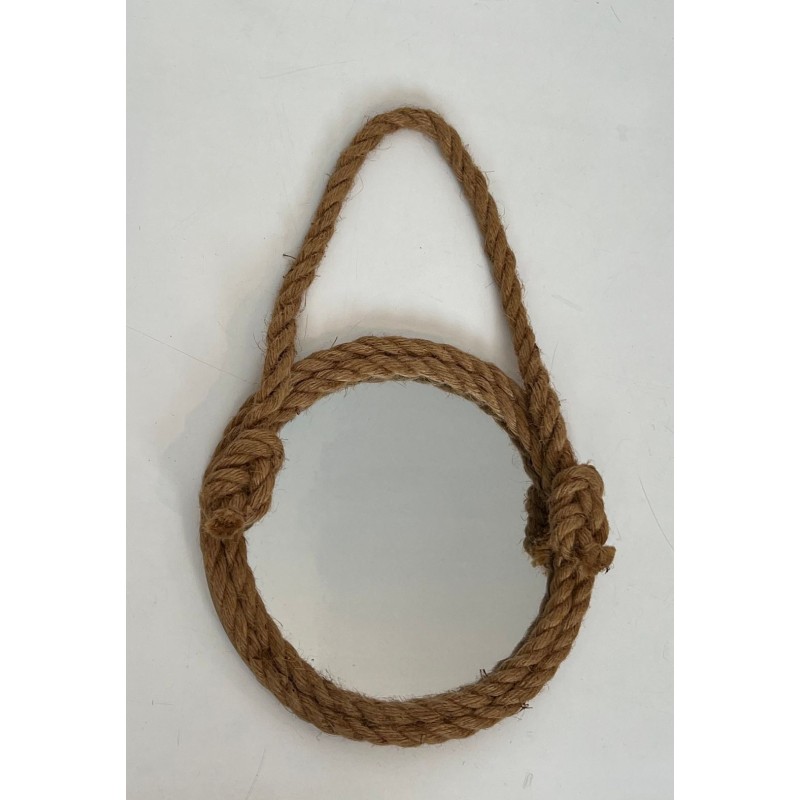 Round Rope Wall Mirror with Hanging Loop — In the Style of Audoux-Minet, Circa 1970