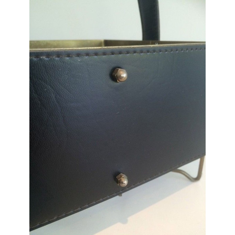 Four-Bottle Carrier in Leather and Gilt Metal with Brass Feet — French Work, Circa 1950