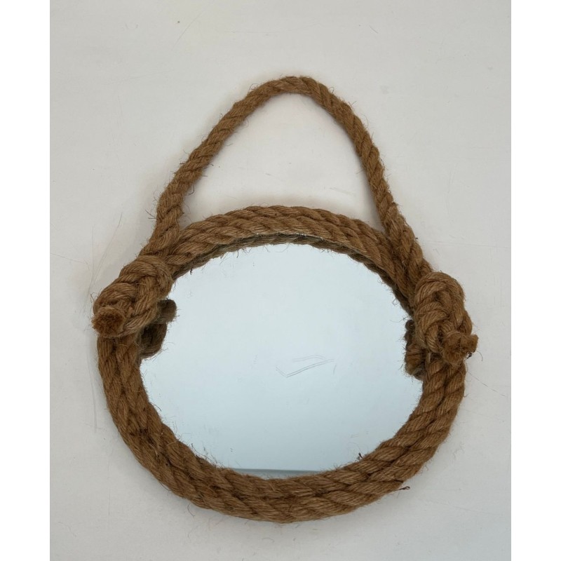 Round Rope Wall Mirror with Hanging Loop — In the Style of Audoux-Minet, Circa 1970