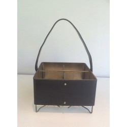 Four-Bottle Carrier in Leather and Gilt Metal with Brass Feet — French Work, Circa 1950