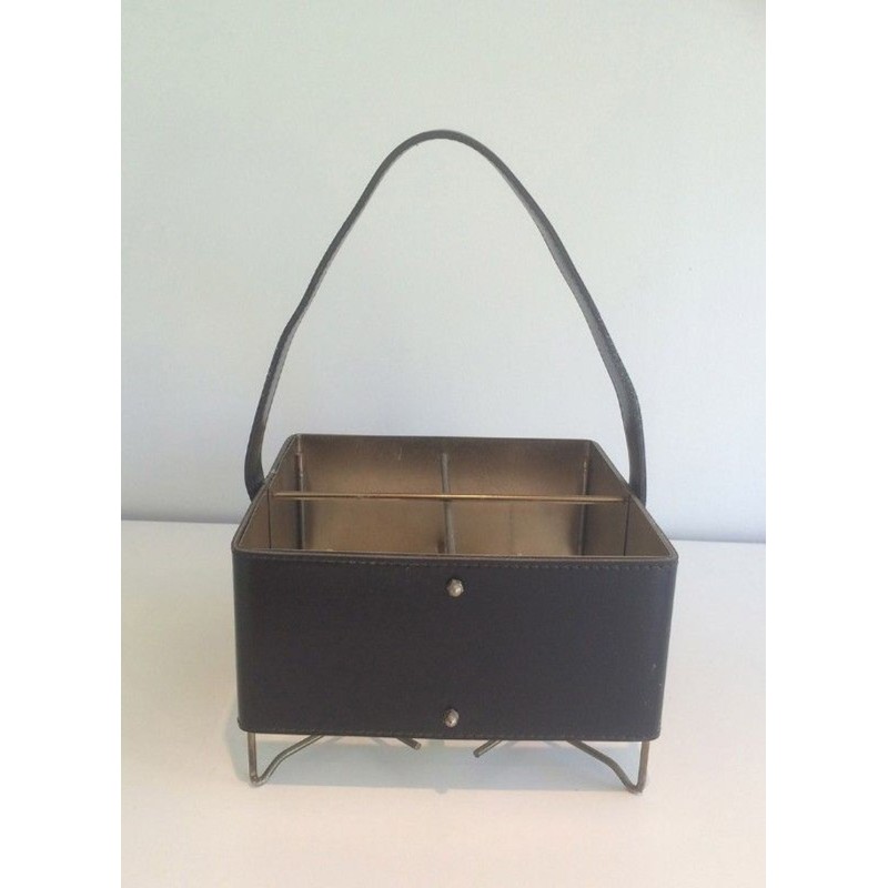 Four-Bottle Carrier in Leather and Gilt Metal with Brass Feet — French Work, Circa 1950