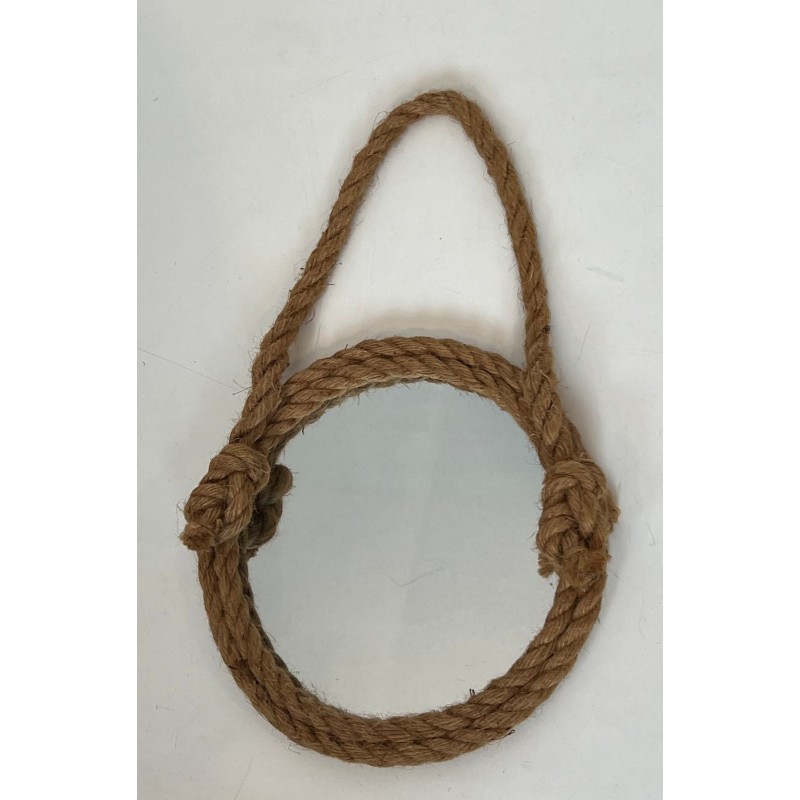 Round Rope Wall Mirror with Hanging Loop — In the Style of Audoux-Minet, Circa 1970