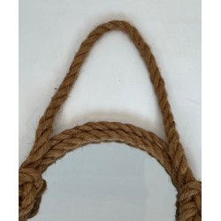 Round Rope Wall Mirror with Hanging Loop — In the Style of Audoux-Minet, Circa 1970