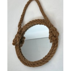 Round Rope Wall Mirror with Hanging Loop — In the Style of Audoux-Minet, Circa 1970