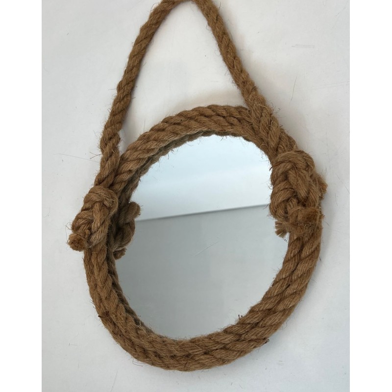 Round Rope Wall Mirror with Hanging Loop — In the Style of Audoux-Minet, Circa 1970
